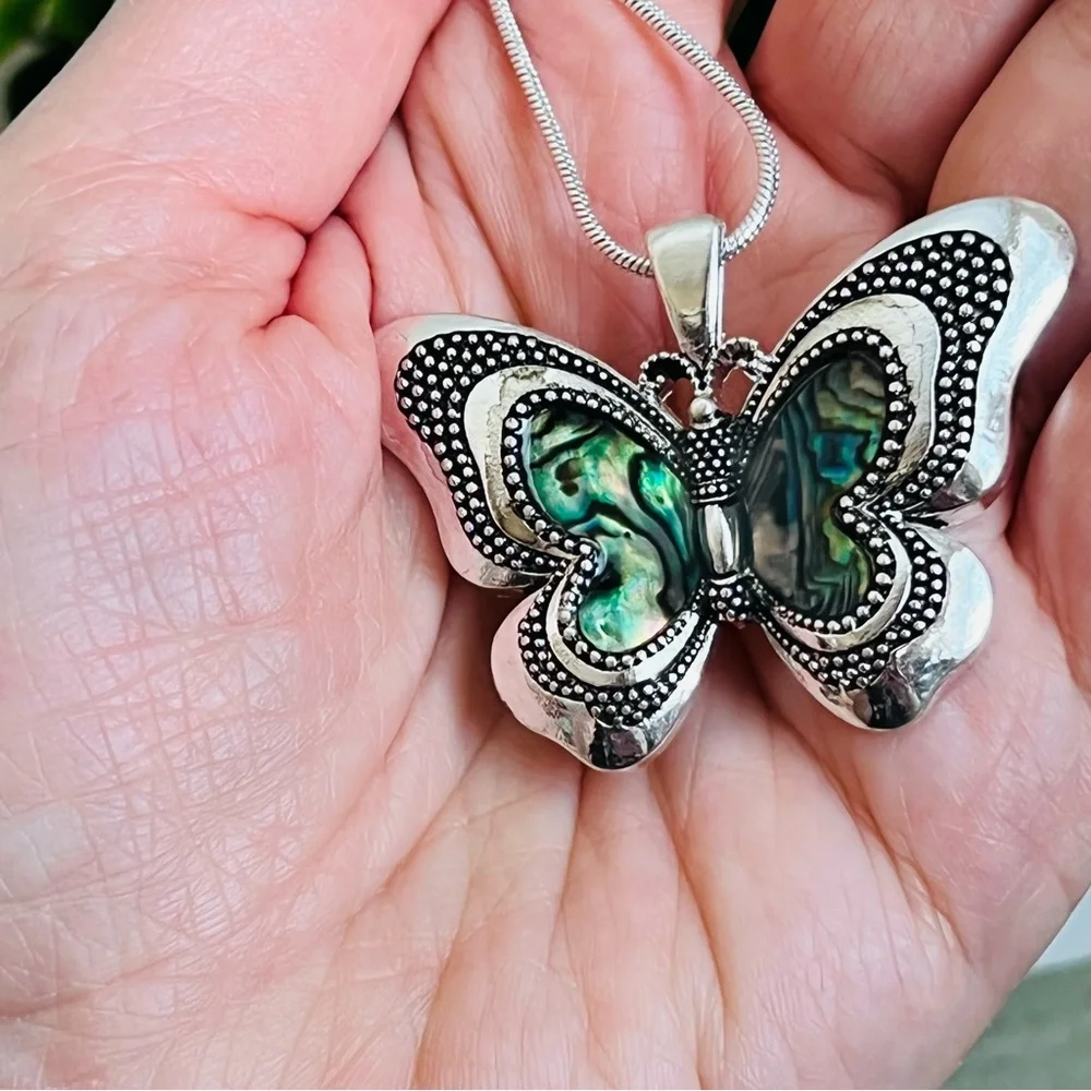 Abalone‎ Butterfly Necklace Silver Tone